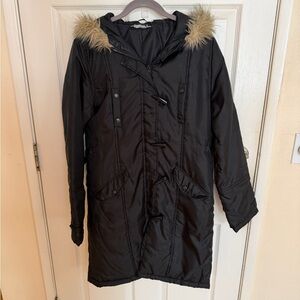 Tyte Black American Standard Hooded Women's Coat with Faux Fur Trim Large L